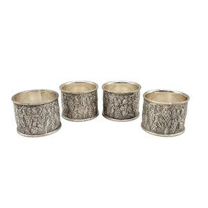 Wine Themed Napkin Rings Grapes Vines Leaves Silver Plate Set of 4
